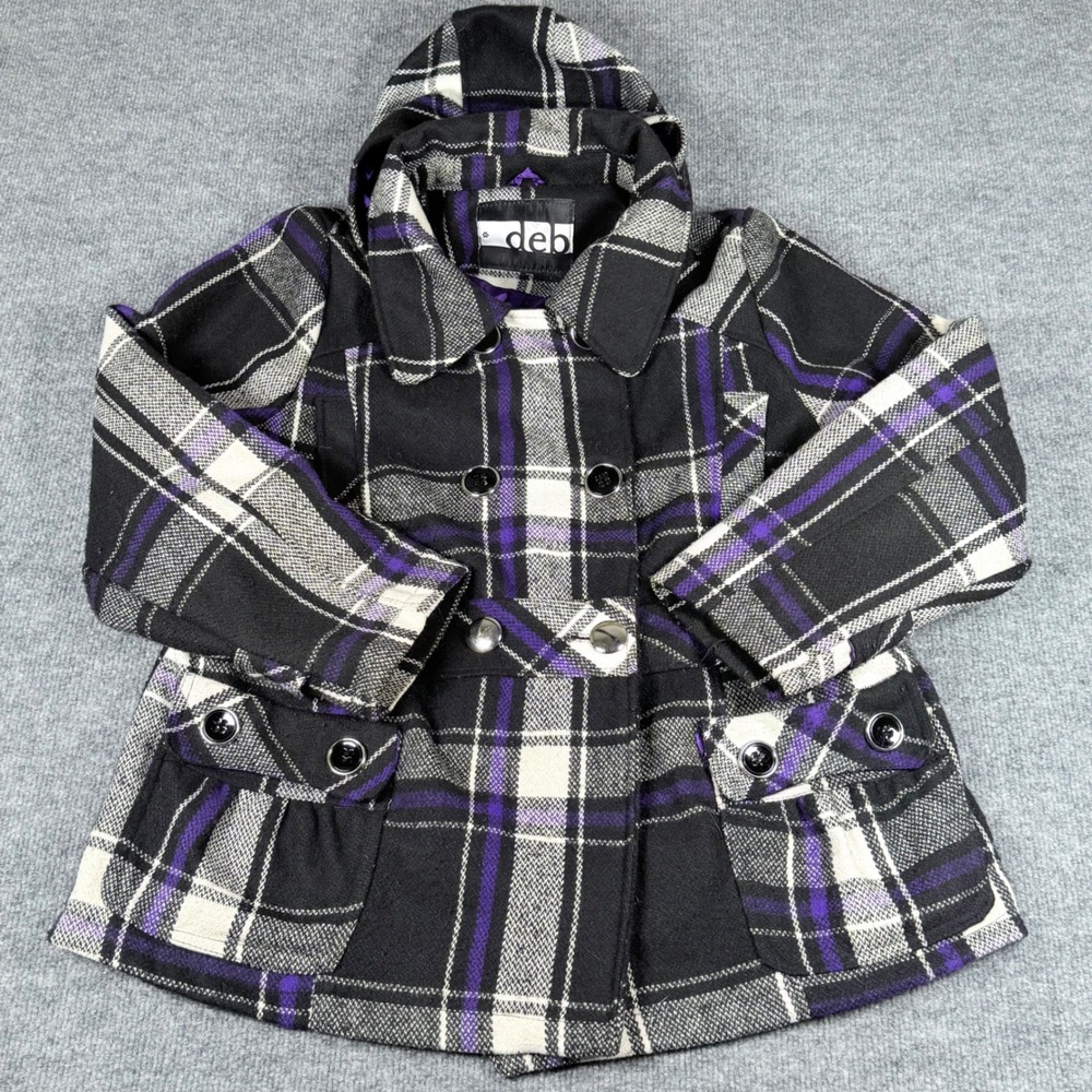 Deb Wool Blend Plaid Pea Coat Large Removable Hood Outerwear Winter Y2K Preppy